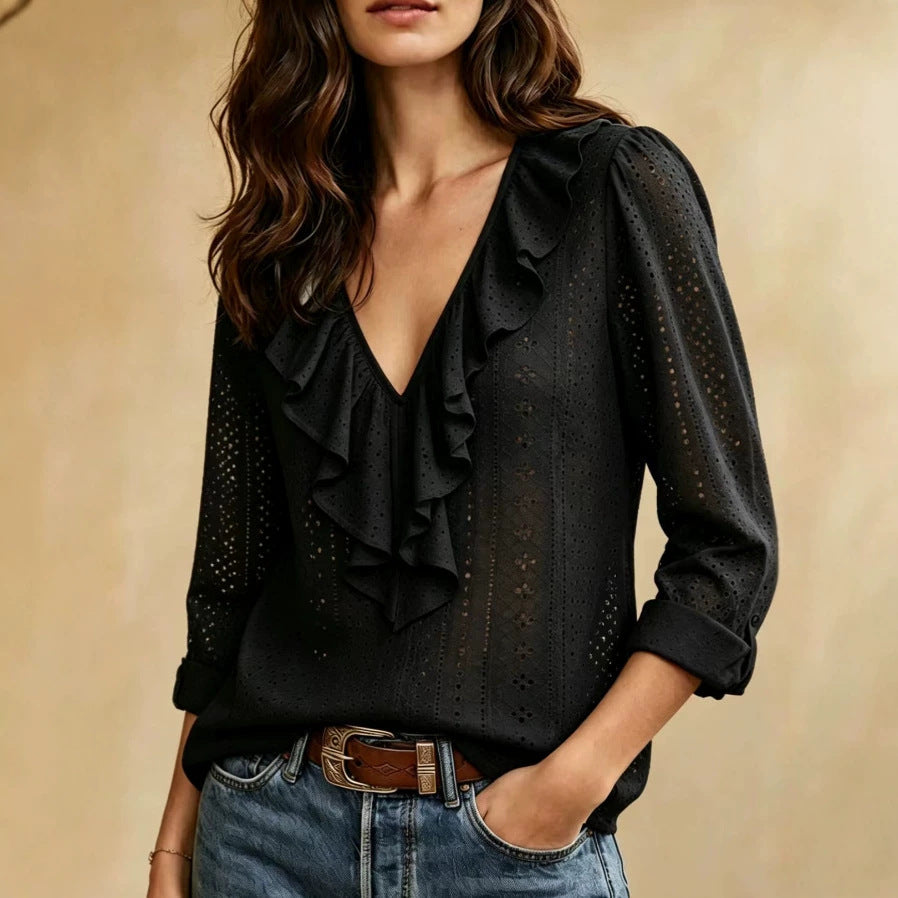 Women's Ruffle V Neck Eyelet Long Sleeve Blouse Top