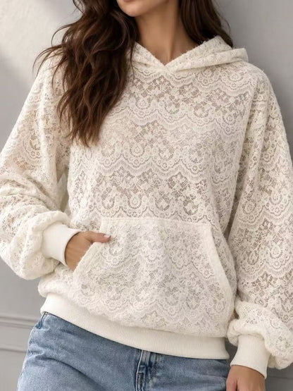 Women's Lace Hoodie Oversized Balloon Sleeve Pocket