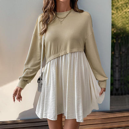 Casual Daily Versatile Long-sleeved Dress Autumn Round Neck Contrasting Color Splicing Short Skirt