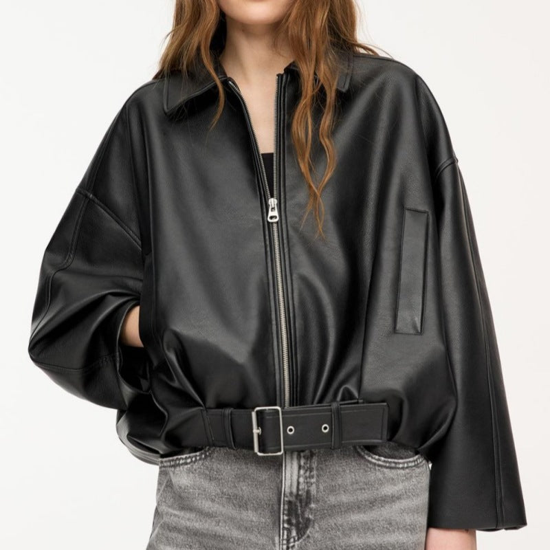 Women's Oversized Faux Leather Bomber Jacket Vintage