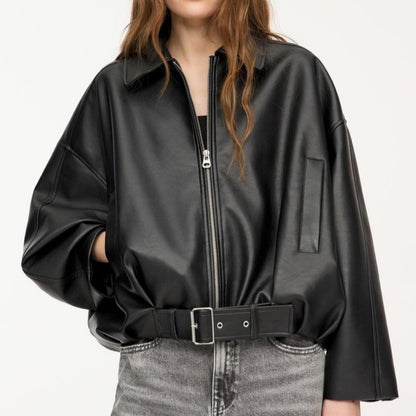 Women's Oversized Faux Leather Bomber Jacket Vintage