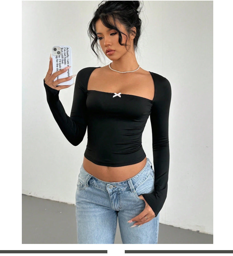 Square Neck Long Sleeve Fitted Top with Bow Detail