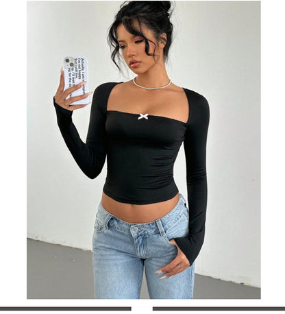 Square Neck Long Sleeve Fitted Top with Bow Detail