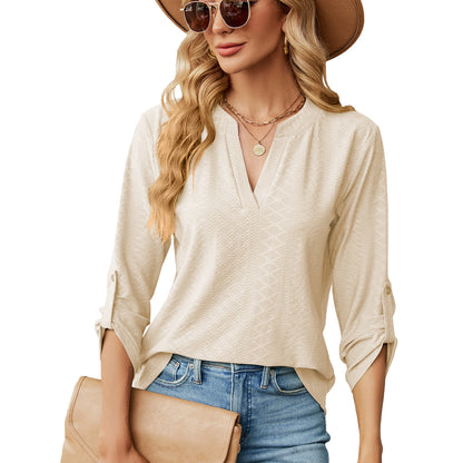 Womens V Neck 3/4 Sleeve Button Loose Tunic Top