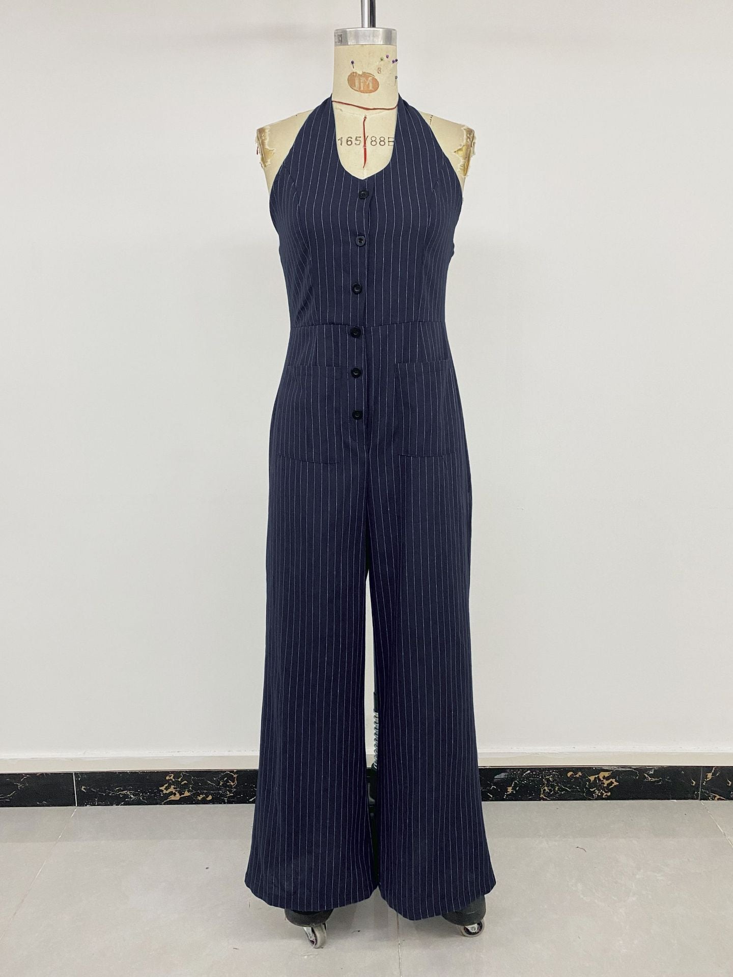 Striped Halter Backless Wide Leg Jumpsuit Office Chic