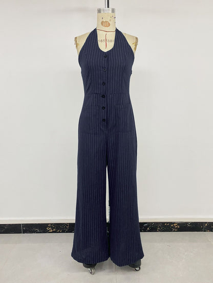 Striped Halter Backless Wide Leg Jumpsuit Office Chic