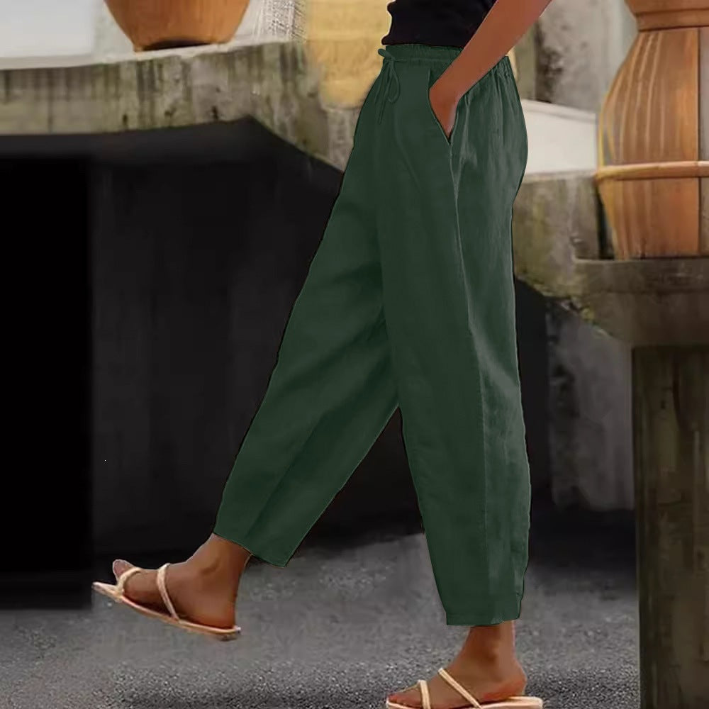 Women's Linen Cotton Drawstring Cropped Pants