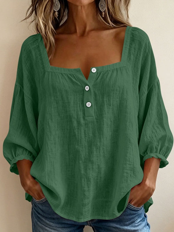 Women's Square Neck Puff Sleeve Button Loose Blouse Top