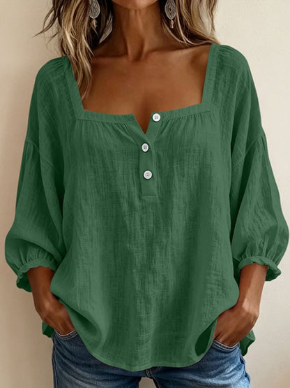 Women's Square Neck Puff Sleeve Button Loose Blouse Top