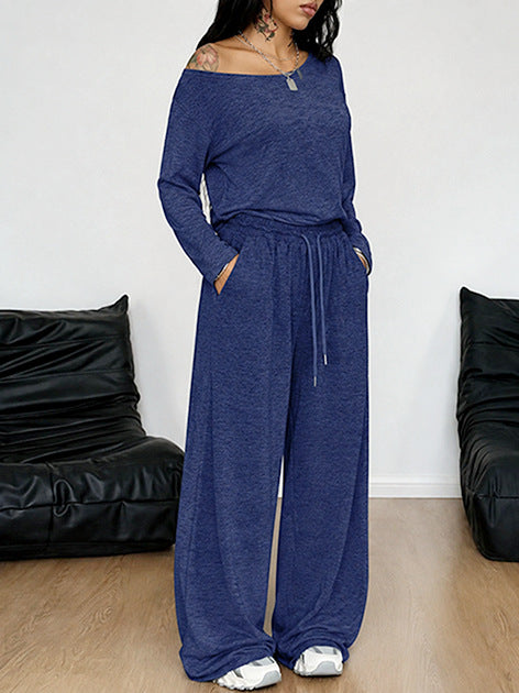 Women Off Shoulder Wide Leg Pants Casual Two Piece Set