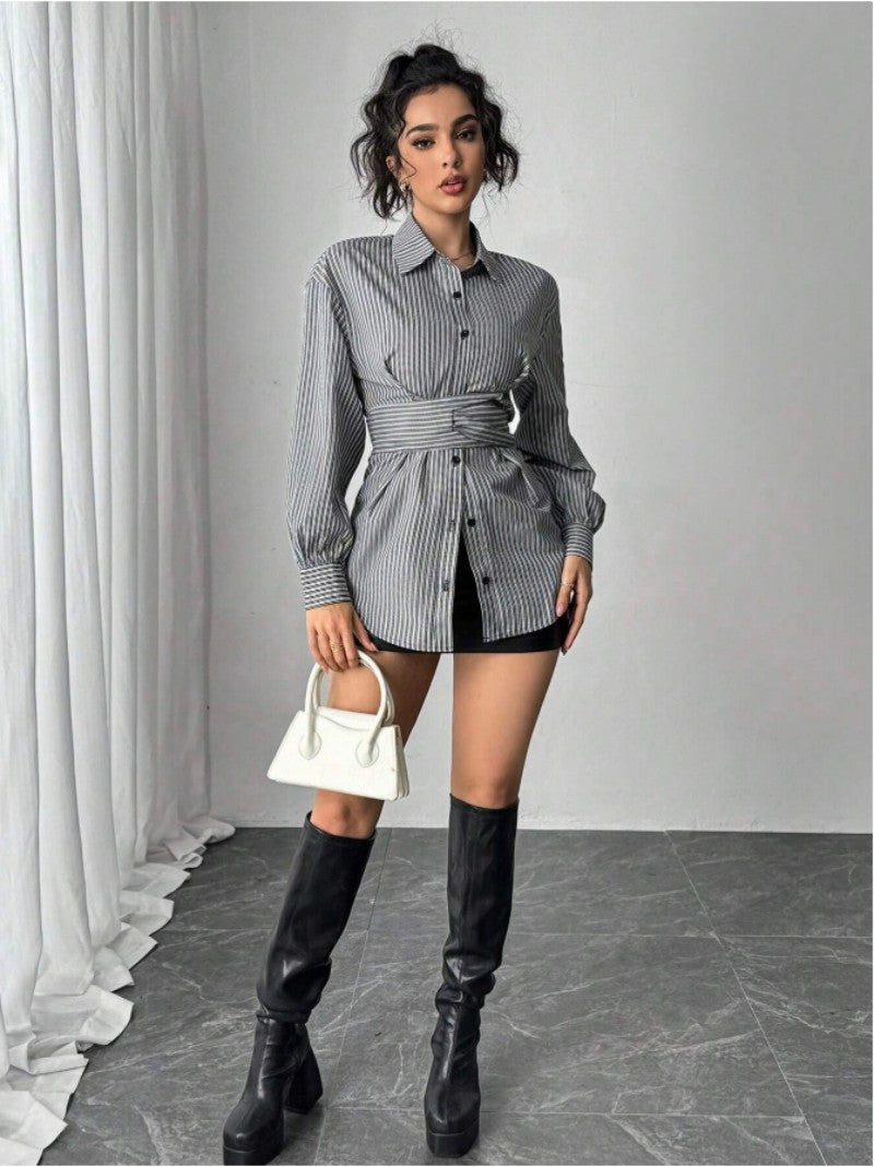 Women's Striped Tie Waist Long Sleeve Button Down Shirt
