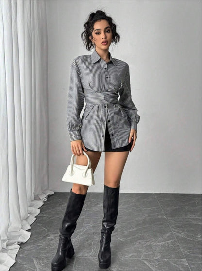 Women's Striped Tie Waist Long Sleeve Button Down Shirt