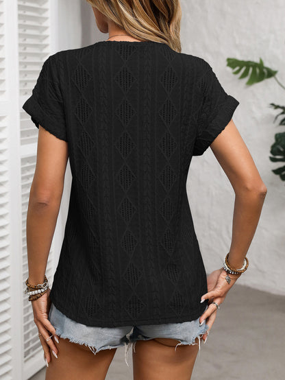 Women's V-Neck Short Sleeve Knit Top with Buttons