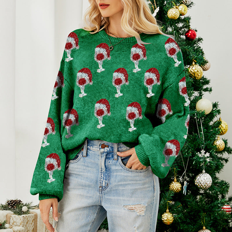 Christmas Wine Glass Knit Sweater for Women