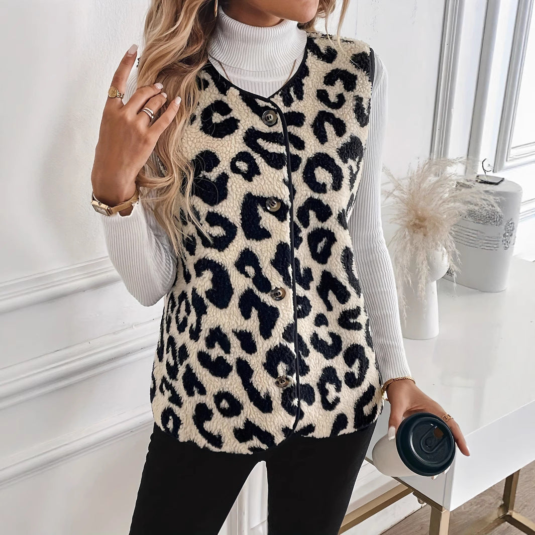 Leopard Print Sherpa Vest Button Front Fuzzy Layering