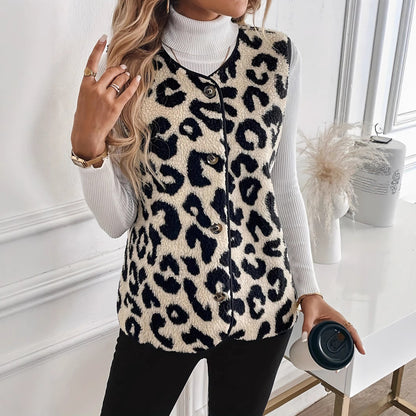 Leopard Print Sherpa Vest Button Front Fuzzy Layering
