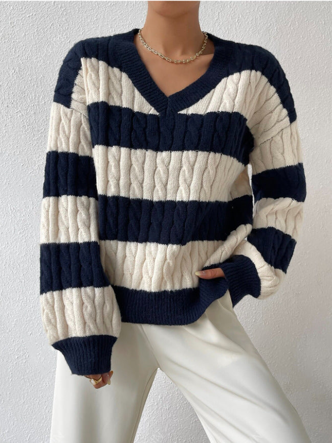 Women's Oversized V-Neck Striped Cable Knit Sweater
