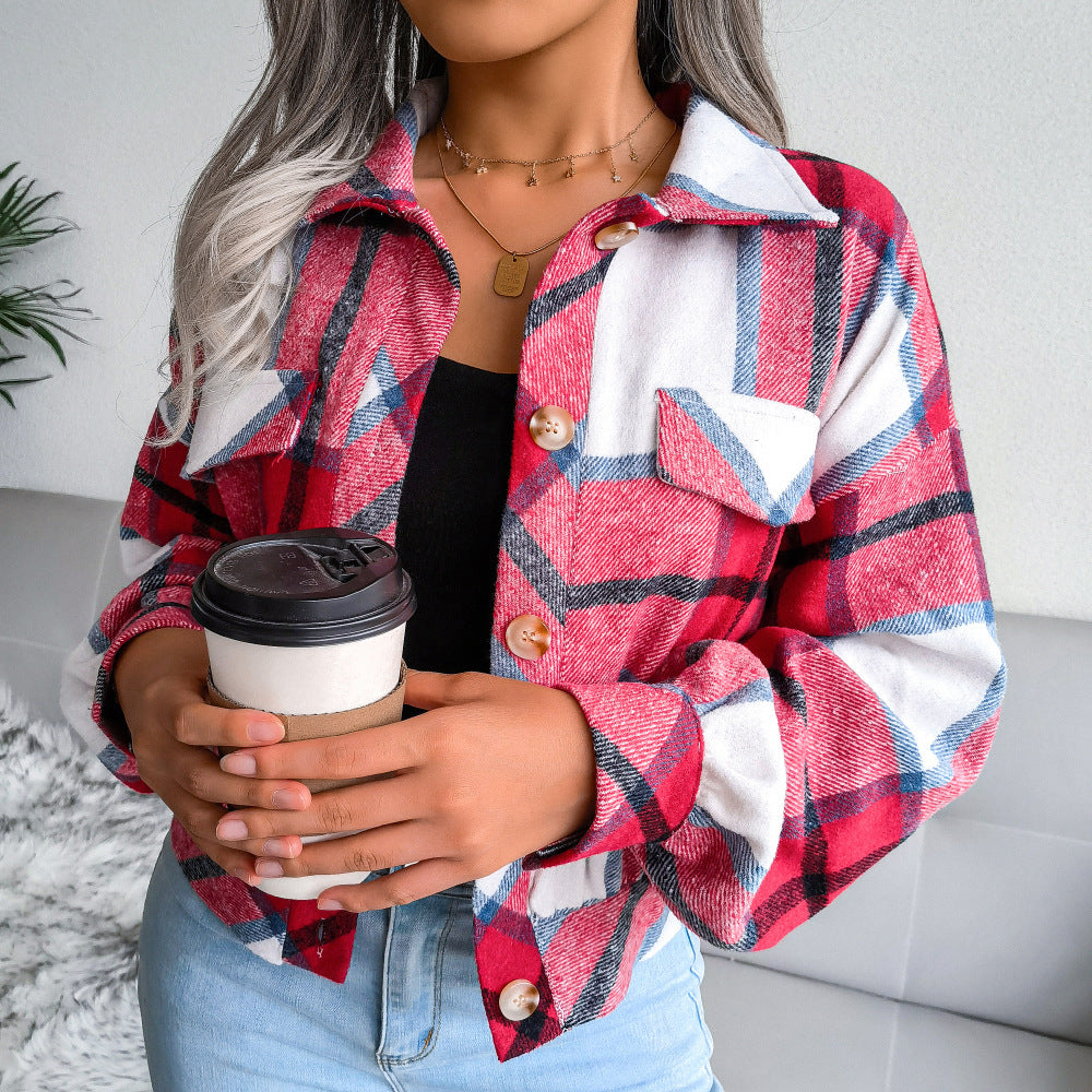 Trendy Plaid Lantern Sleeve Woolen Jacket – Cozy Fall/Winter Outerwear