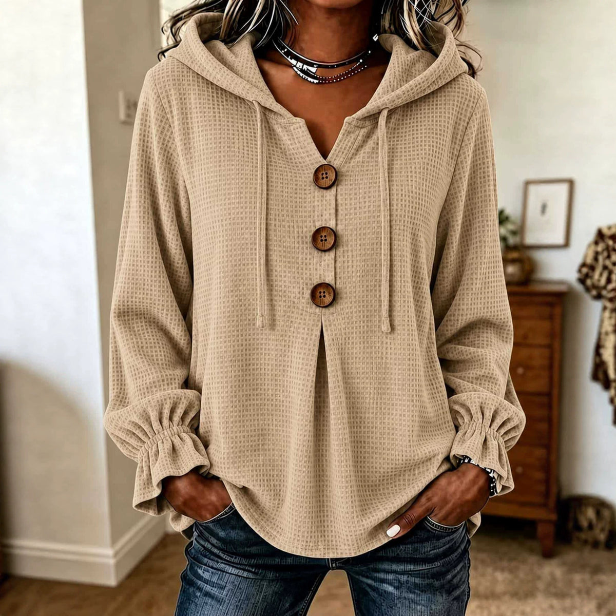 Waffle Knit Hooded Henley V Neck Long Sleeve Top