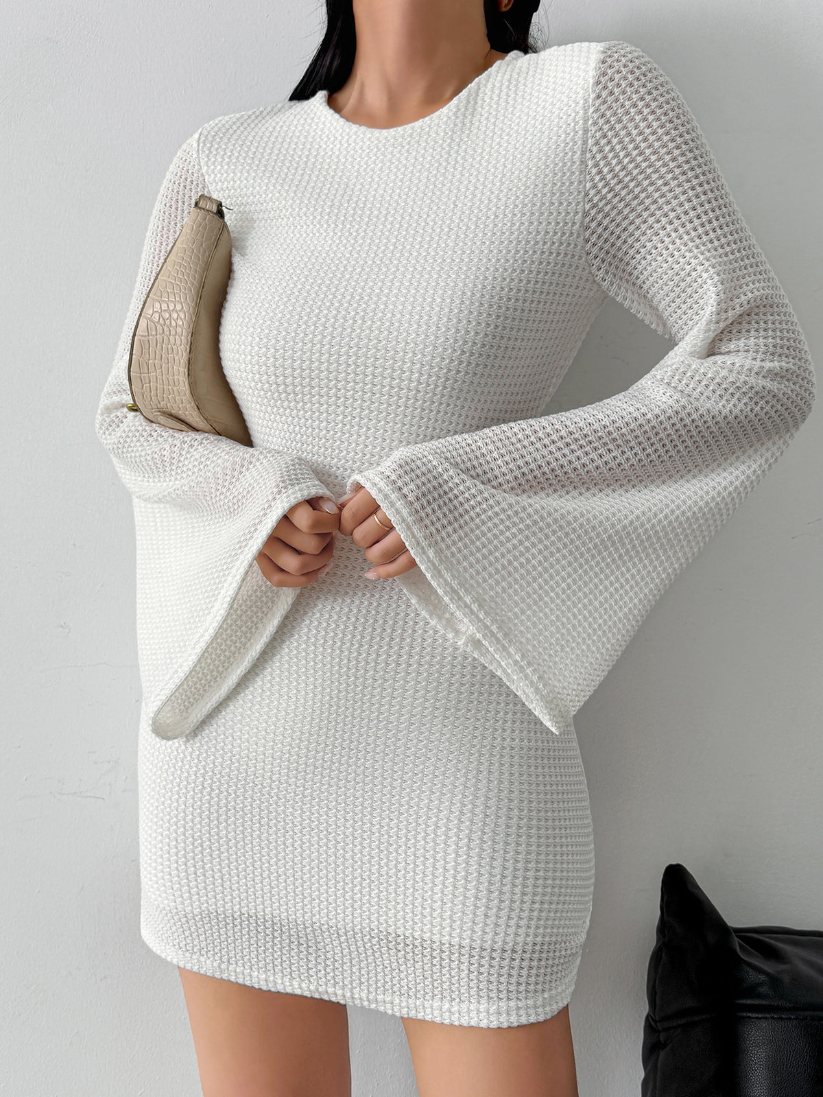 Women's White Bell Sleeve Knit Mini Dress