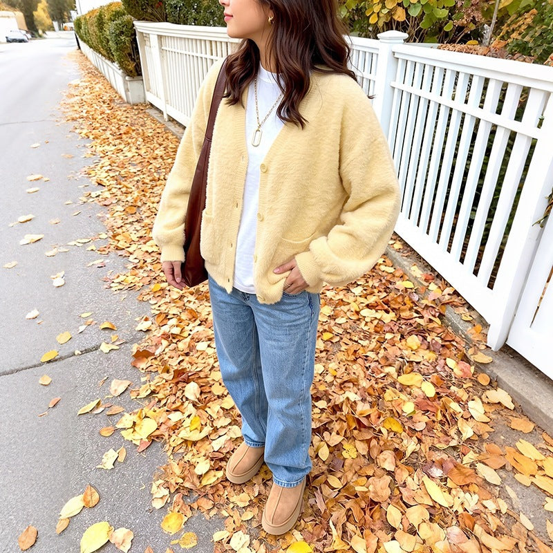 Women's Fuzzy Oversized Yellow Cardigan with Pockets