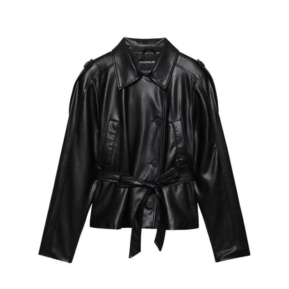 Women's Faux Leather Belted Cropped Lapel Jacket