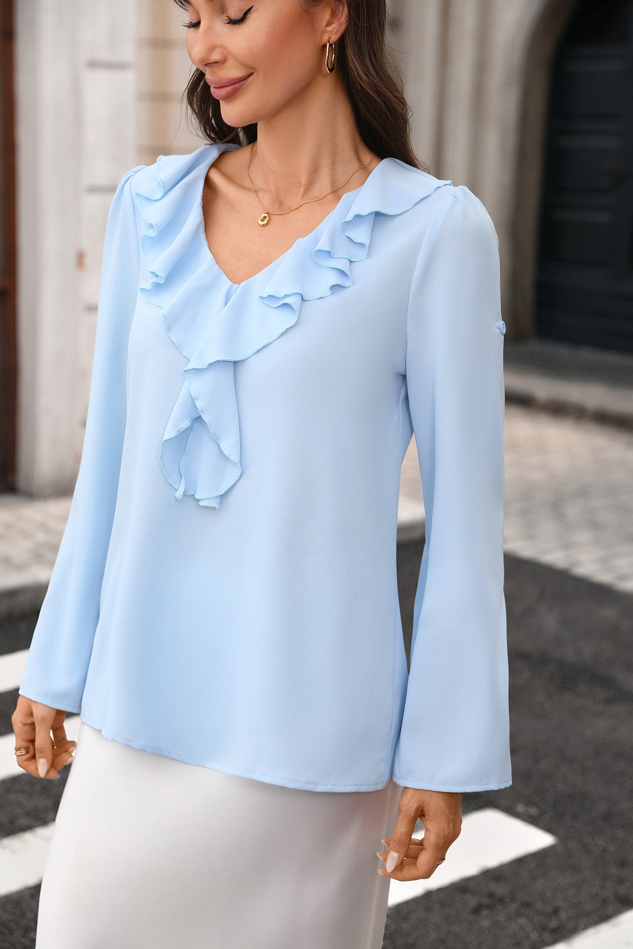Solid Ruffle V Neck Blouse Loose Roll Tab Top