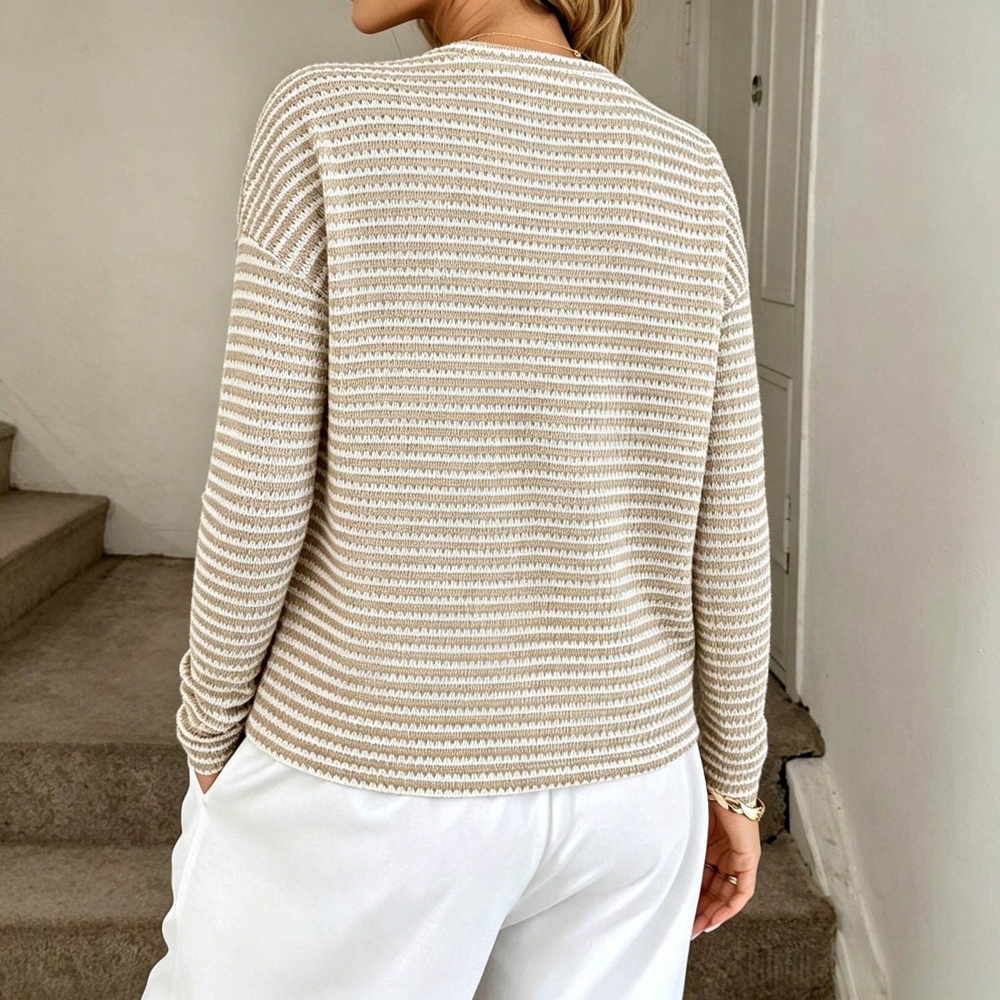 Striped Crewneck Knit Sweater Long Sleeve Pullover