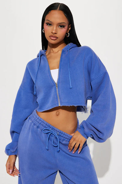 Women's Two Piece Crop Zip Hoodie Wide Leg Sweatpants Set