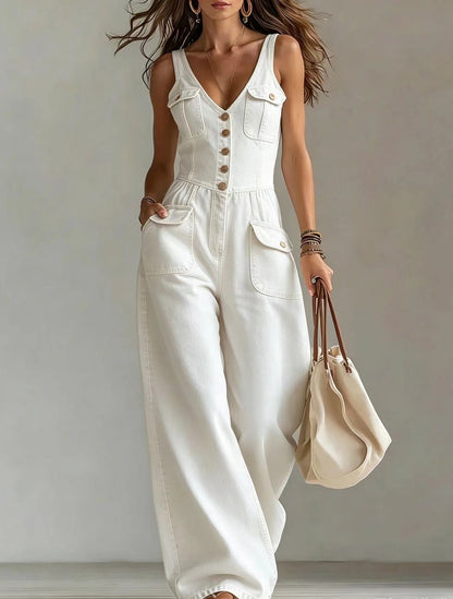 Sleeveless V-Neck Denim Jumpsuit Women Wide Leg
