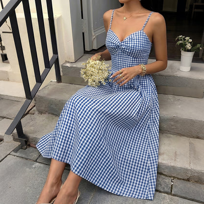 Blue Gingham Bow Front Midi Dress Cottagecore Sundress