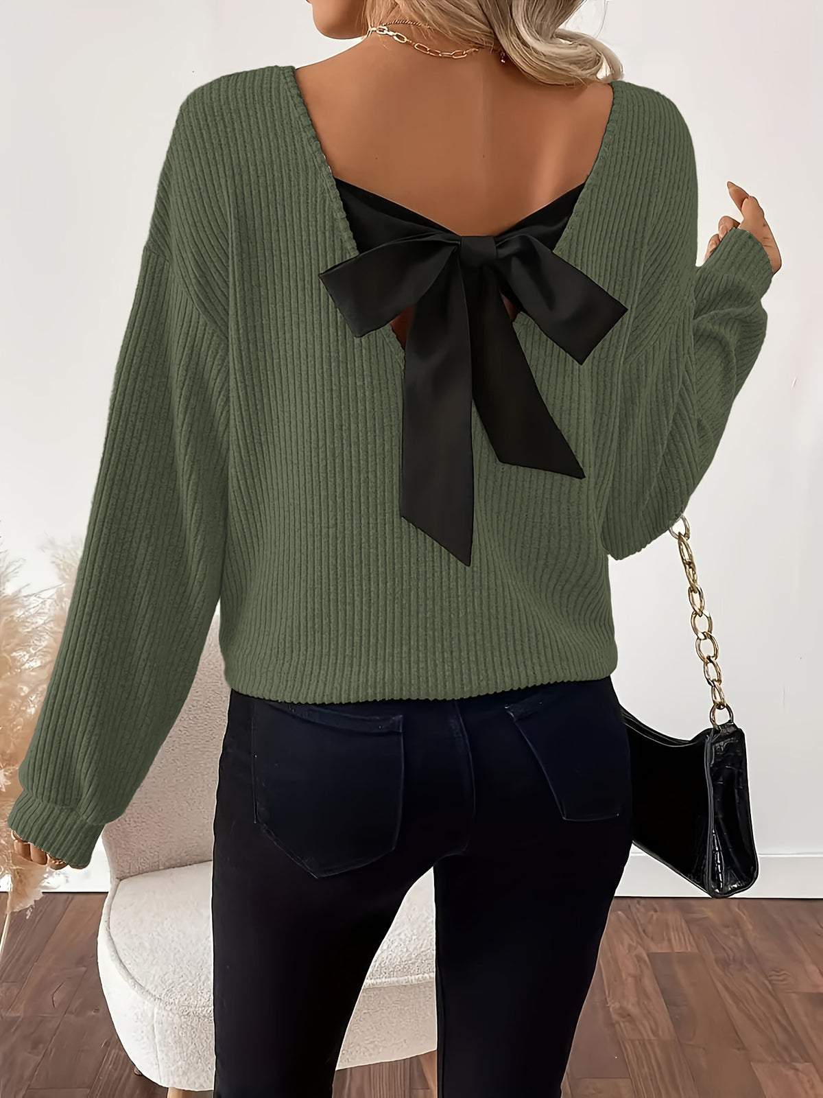 Women's V-Neck Bow Back Ribbed Long Sleeve Loose Fit Top