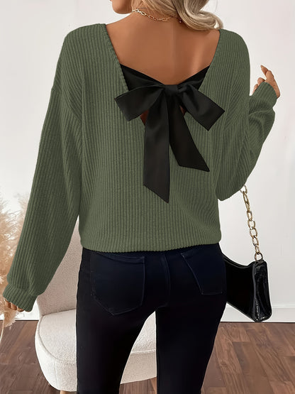 Women's V-Neck Bow Back Ribbed Long Sleeve Loose Fit Top