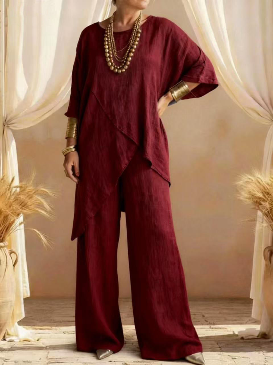 Women's Linen 2PC Set Asymmetric Hem Wide Leg Pants