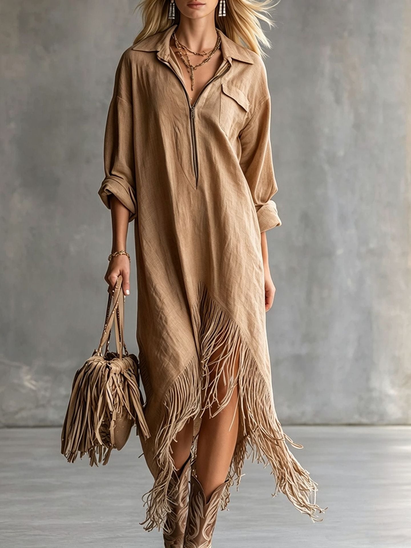 Women's Western Fringe Shirt Dress Asymmetrical Midi Boho