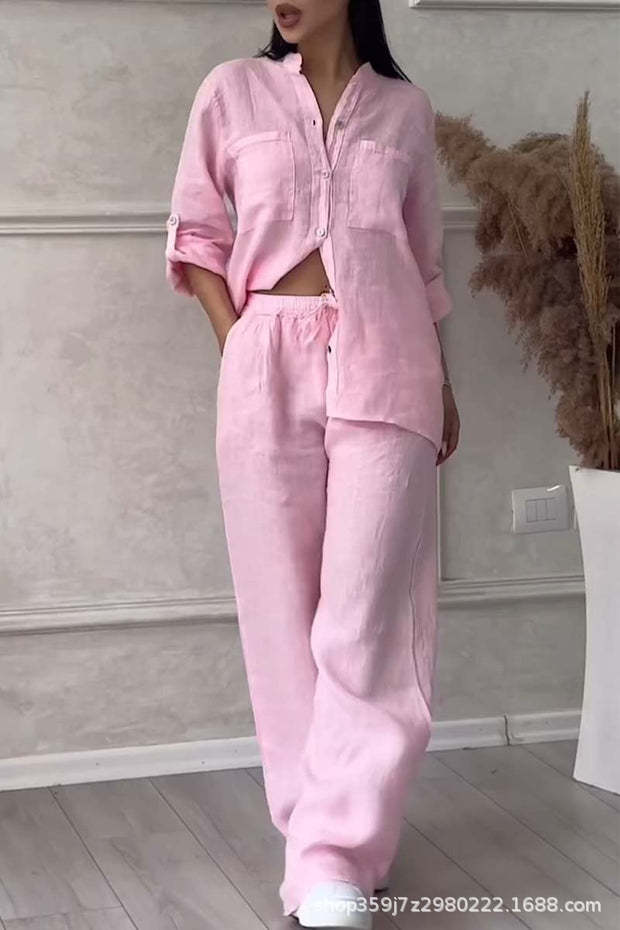 Women's Linen Shirt and Wide Leg Pants Matching Set