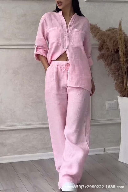 Women's Linen Shirt and Wide Leg Pants Matching Set