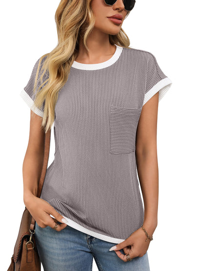 Women's Ribbed Color Block Pocket Tee Short Sleeve