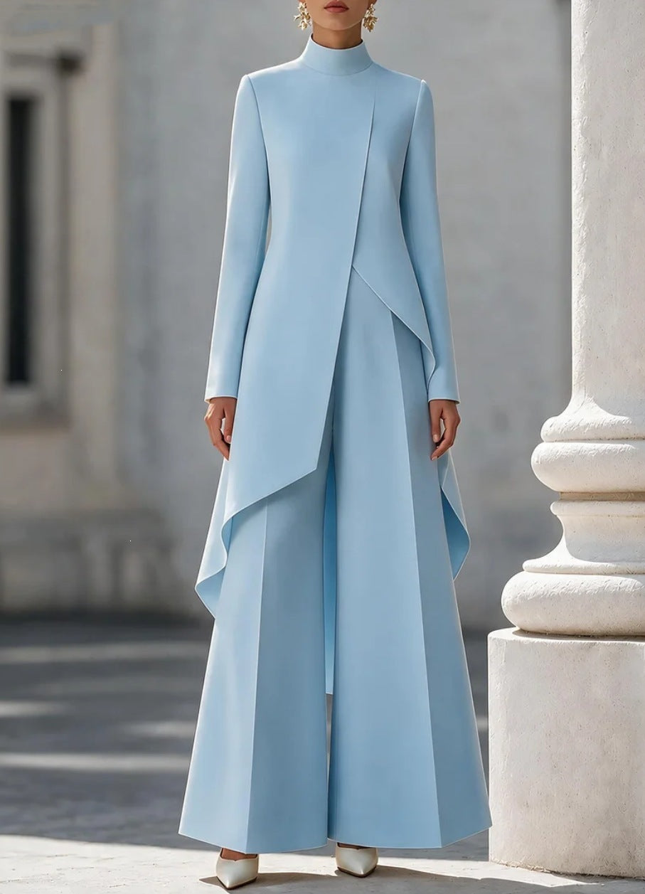 Women's Asymmetric Mock Neck Wide Leg Pants Two Piece Set