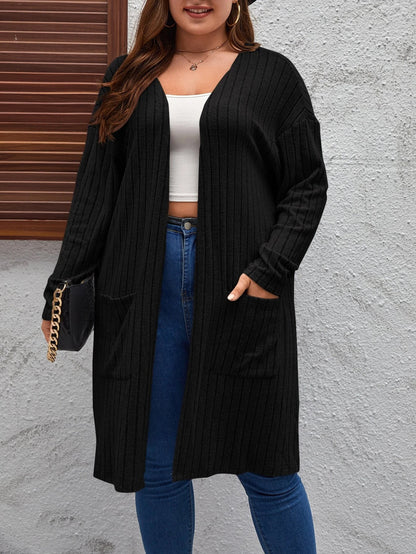 Plus Size Open Front Long Cardigan Ribbed Knit Pockets