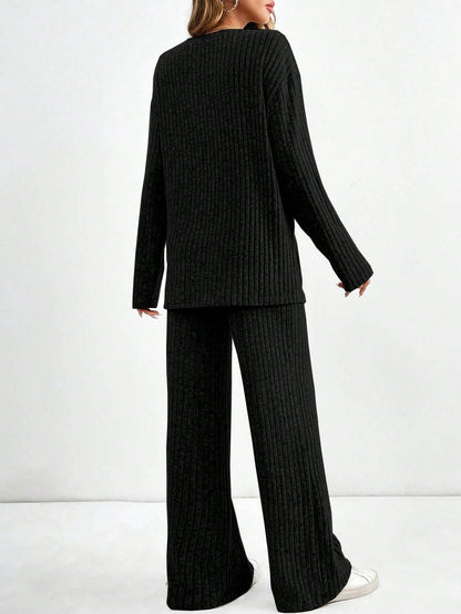 Women's Ribbed Knit V-Neck Top & Pants Two Piece Set