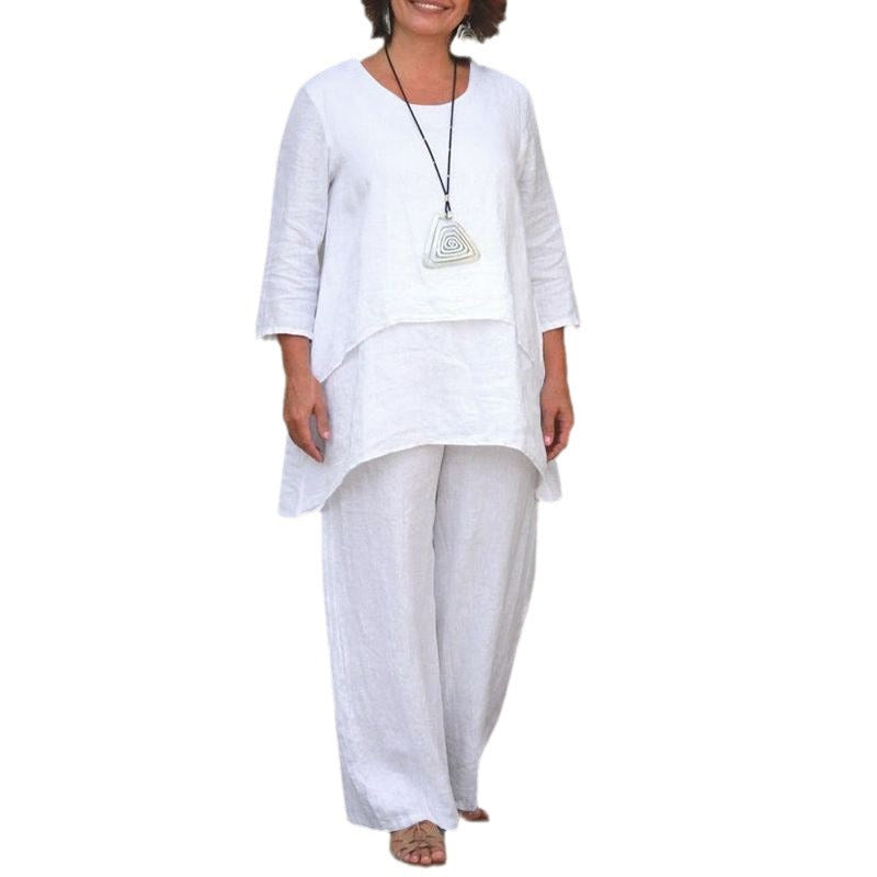 Linen Blend Two Piece Set Wide Leg Pants Plus Size Solid