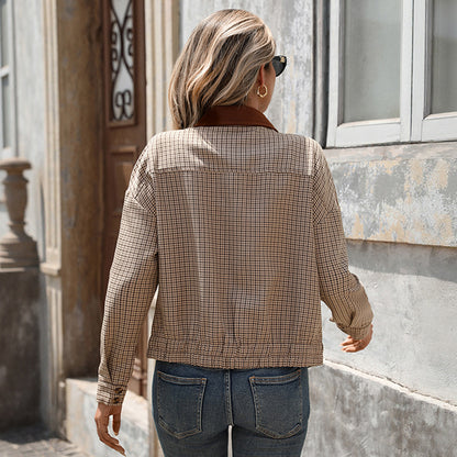 Houndstooth Contrast Collar Cropped Zip Jacket
