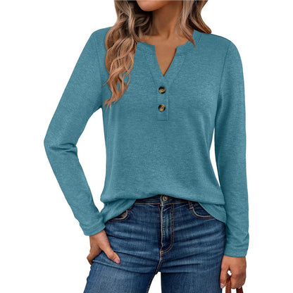 Women's Long Sleeve V-Neck Henley Loose Fit Top