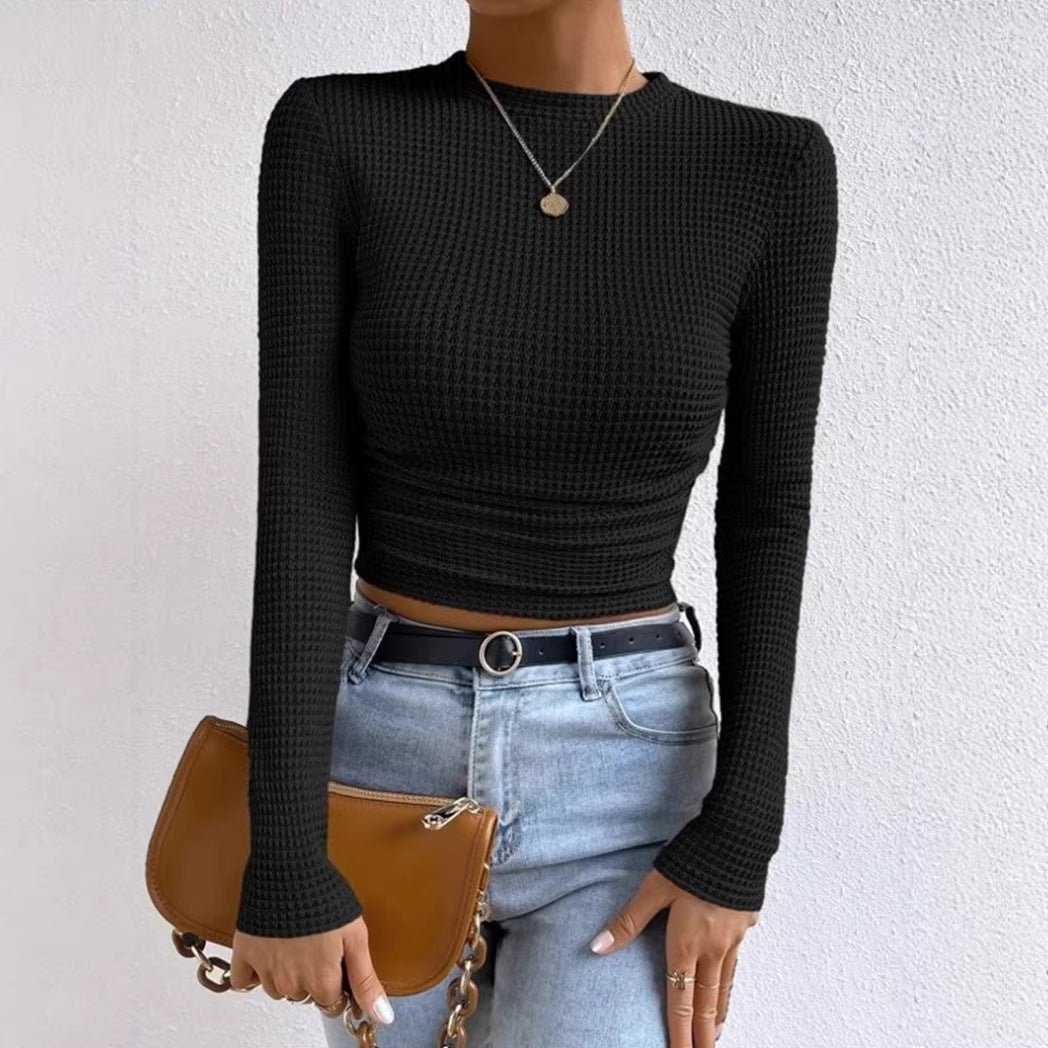 Women's Ruched Waffle Knit Long Sleeve Crop Top