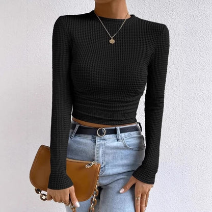 Women's Ruched Waffle Knit Long Sleeve Crop Top