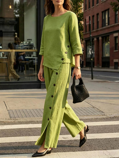 Women's Linen Cotton 2 Piece Set Wide Leg Pants Summer