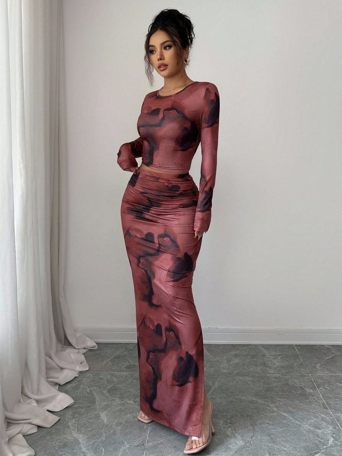 Tie Dye Mesh Two Piece Set Crop Top Bodycon Skirt