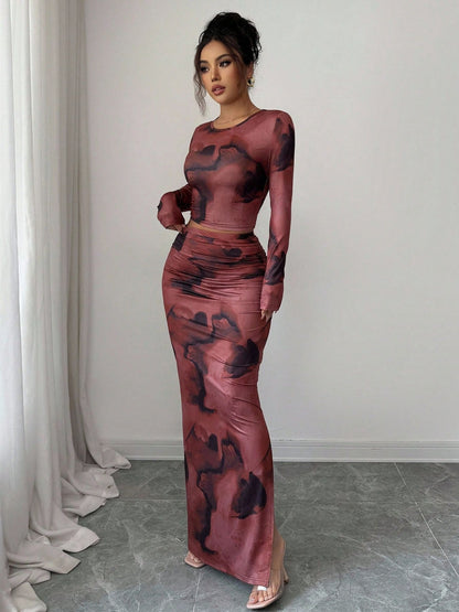 Tie Dye Mesh Two Piece Set Crop Top Bodycon Skirt