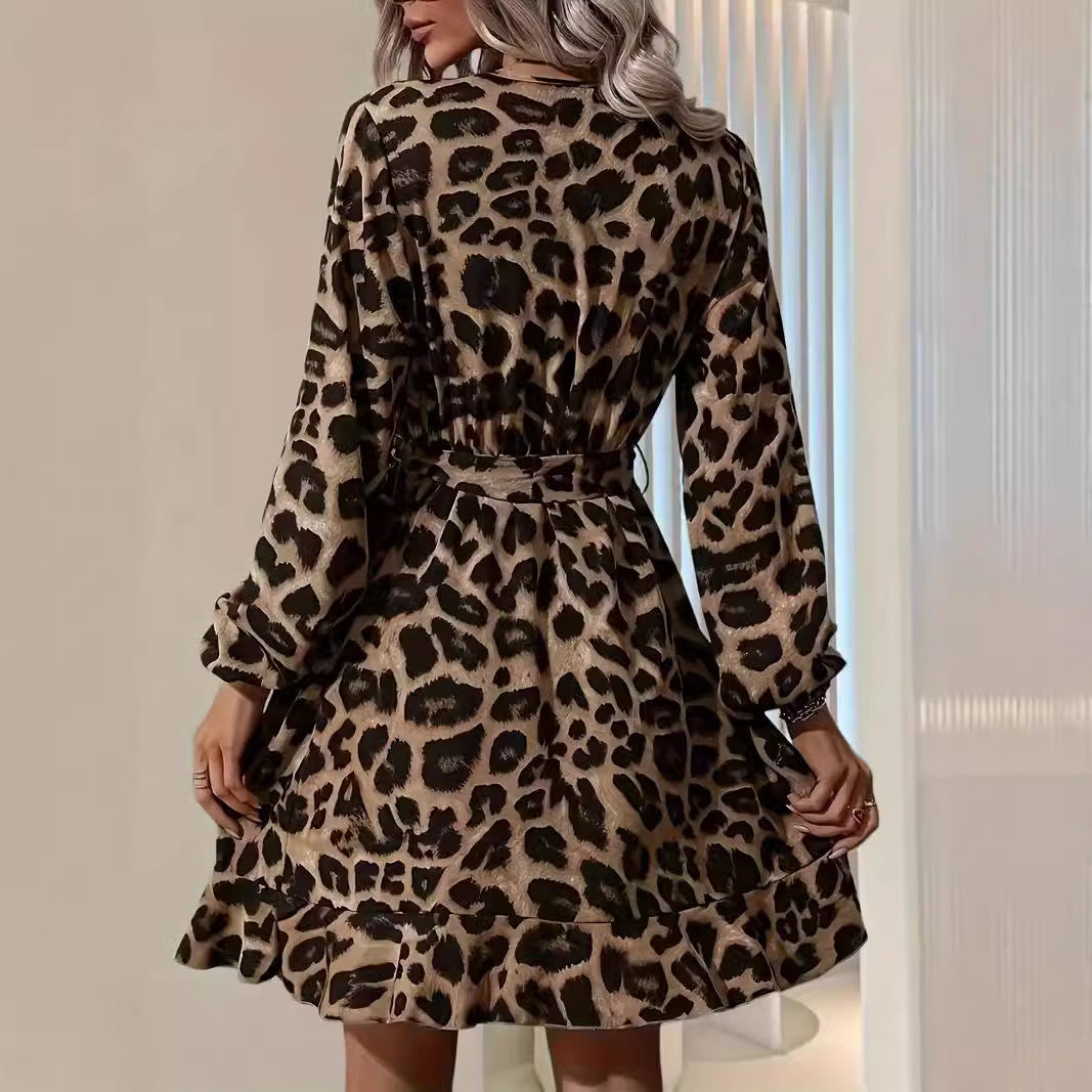 Leopard Print V-Neck Long Sleeve Tie Waist Ruffle Dress